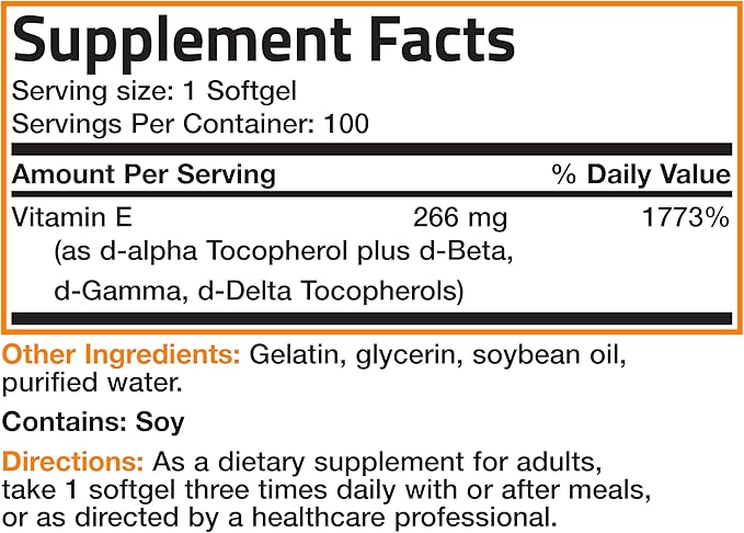 Bronson Natural Vitamin E Complex 400 I.U. Supplement (d-Alpha Tocopherol Plus d-Beta, d-Gamma, & d-Delta Tocopherols), Natural Antioxidant, 100 Softgels