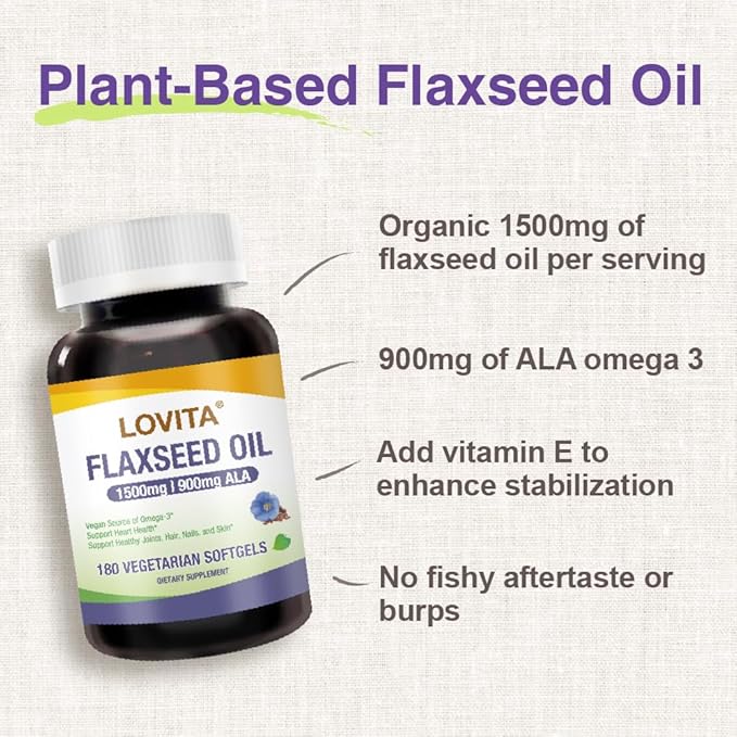 Lovita Cold-Pressed Flaxseed Oil Supplement - Vegetarian softgels (Classic Packaging, 180)