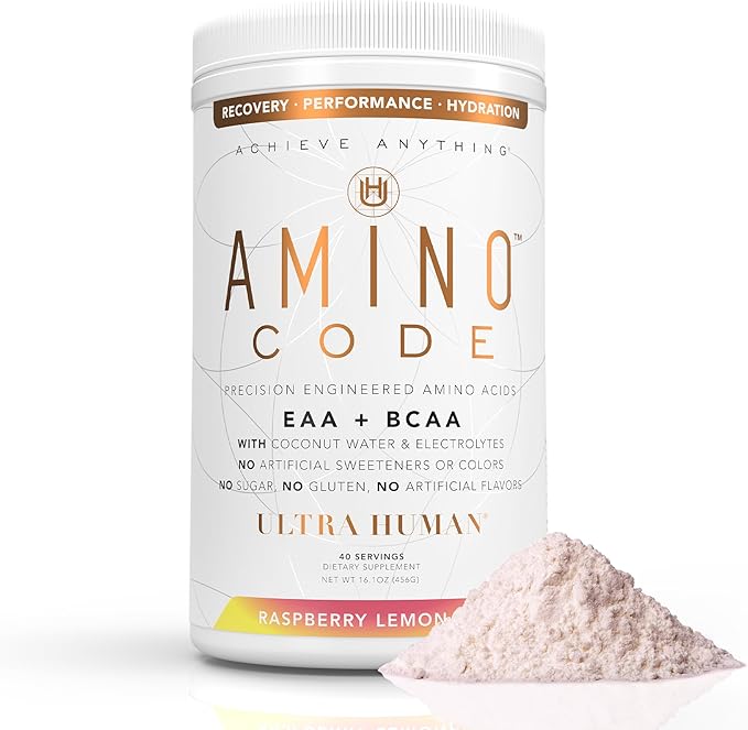 Amino Code | Essential Amino Acids + BCAAs + Coconut Water Electrolytes | Fast Hydration Workout Recovery Amino Energy Powder Drink | Clean Formula, 40 Servings - Raspberry Lemonade