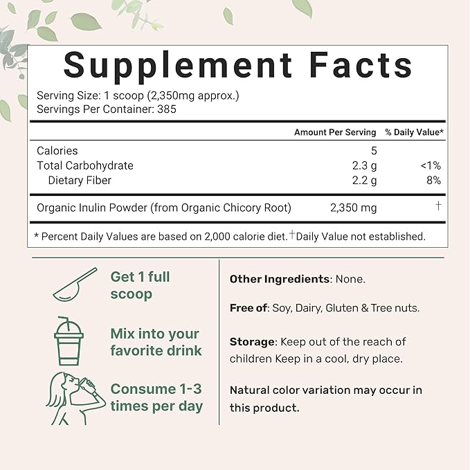 Micro Ingredients Organic Chicory Root Inulin Powder, 2 Pounds | Natural Prebiotic Fiber Supplement | Intestinal Support for Colon and Gut Health | Non-GMO and Vegan Friendly