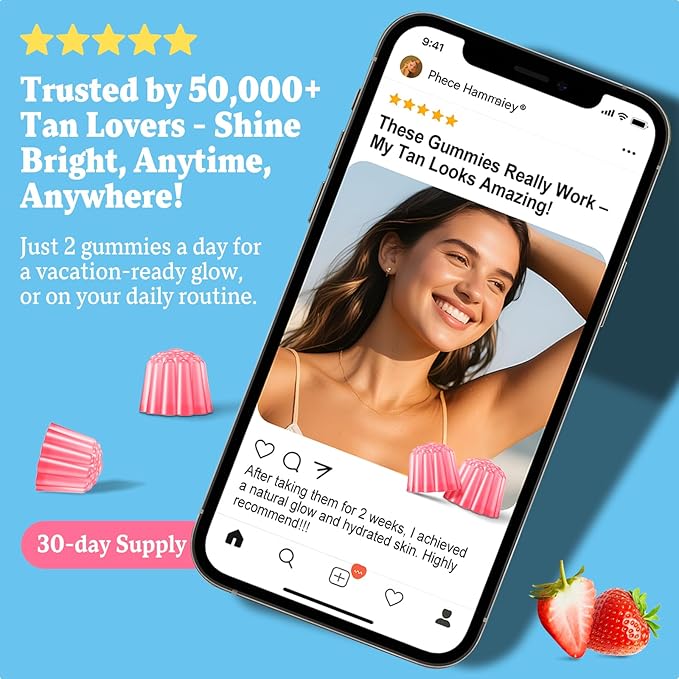 Tanning Gummies for Women and Men, Daily Tanning Gummies with L-Tyrosine, Astaxanthin That Work Fast Without Sun for Skin Health & Glow, Sugar Free, Non-GMO, Strawberry Flavor, 60 Gummies