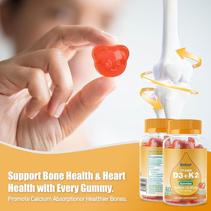 Natural Vitamin D3 K2 Gummies, 2000 IU Vitamin D3 & 100 mcg Vitamin K2,Supports Healthy Bone, Immune Health Supplement, GMO Free, Gluten Free (Strawberry, 60 Count)