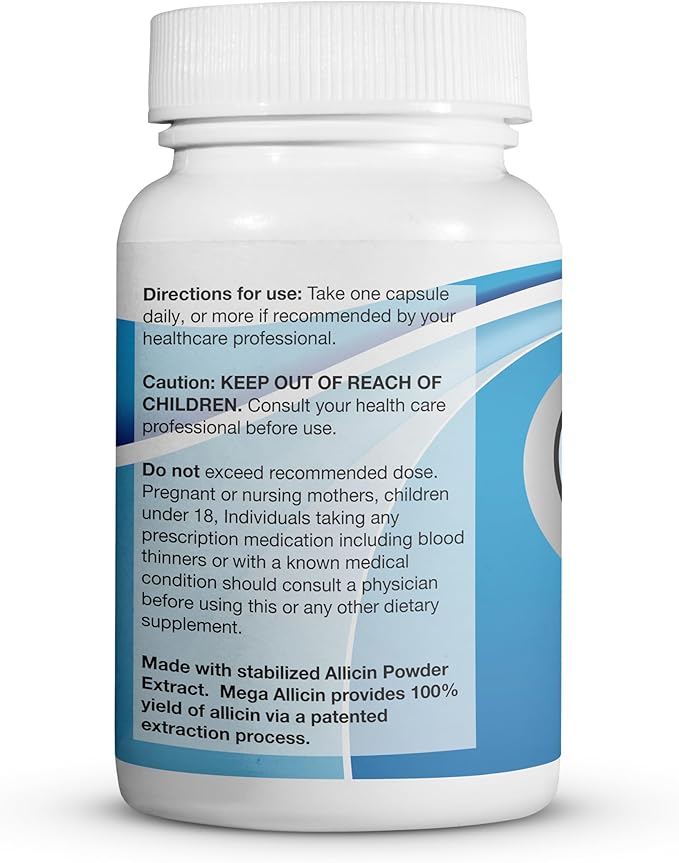 100% Pure Stabilized Allicin from Garlic, Odor-Controlled by Mega Allicin | 180,000mcg (180mg) Vegetarian (vCAPS) Non-GMO, Gluten-Free | Derived from Allium Sativum (30 Count)
