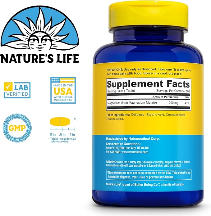 Nature's Life Renewing Magnesium Malate 200 mg - Once Daily Magnesium Supplement for Muscle and Nerve Function, Heart Health, Bone Support - Maximum Absorption, 60-Day Guarantee, 100 Serv, 100 Tablets