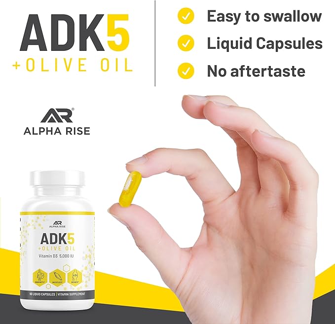 ADK Vitamin Supplement + Olive Oil for Better Absorption | ADK 5 Supplement with Vitamin A D and K | 5000 iu of Vitamin D3 + K2 (MK7+MK4) | 90 Liquid Capsules | Vegetarian | Non-GMO
