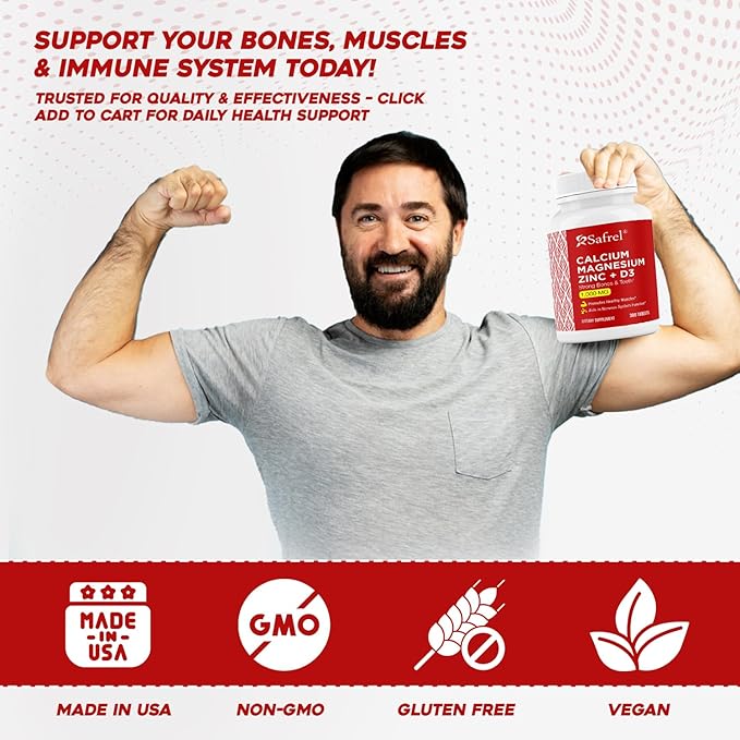 Safrel Calcium Magnesium Zinc with Vitamin D3, 300 Tablets - Calcium 1000 mg, Magnesium 400 mg, Zinc 20 mg & D3 600 IU per Serving