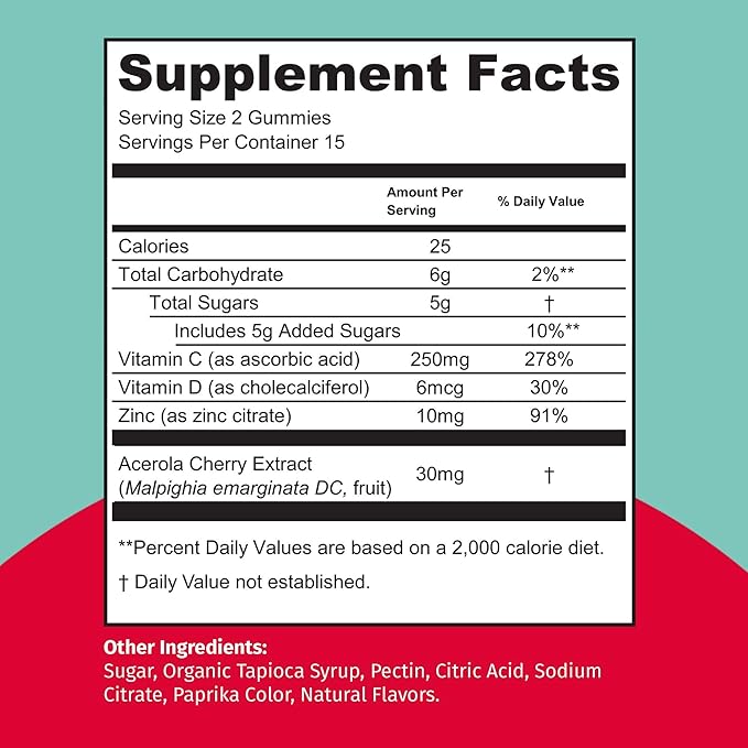 TEJA Immune Support Gummies for Teens with Vitamin D, VIT C, Zinc, and Acerola. Low Sugar Supplement, Daily Immunity Multivitamin for Age 12-17 Teenagers to Adults. 30 Gummies (2 Pack)