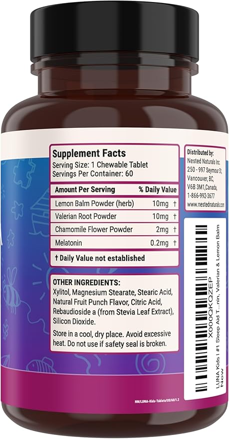 Luna Kids Sleep Aid Tablets for Children 4+ - Naturally Sourced Ingredients - 120 Chewable Tablets - Gentle, Herbal Supplement with Chamomile, Melatonin, Valerian & Lemon Balm