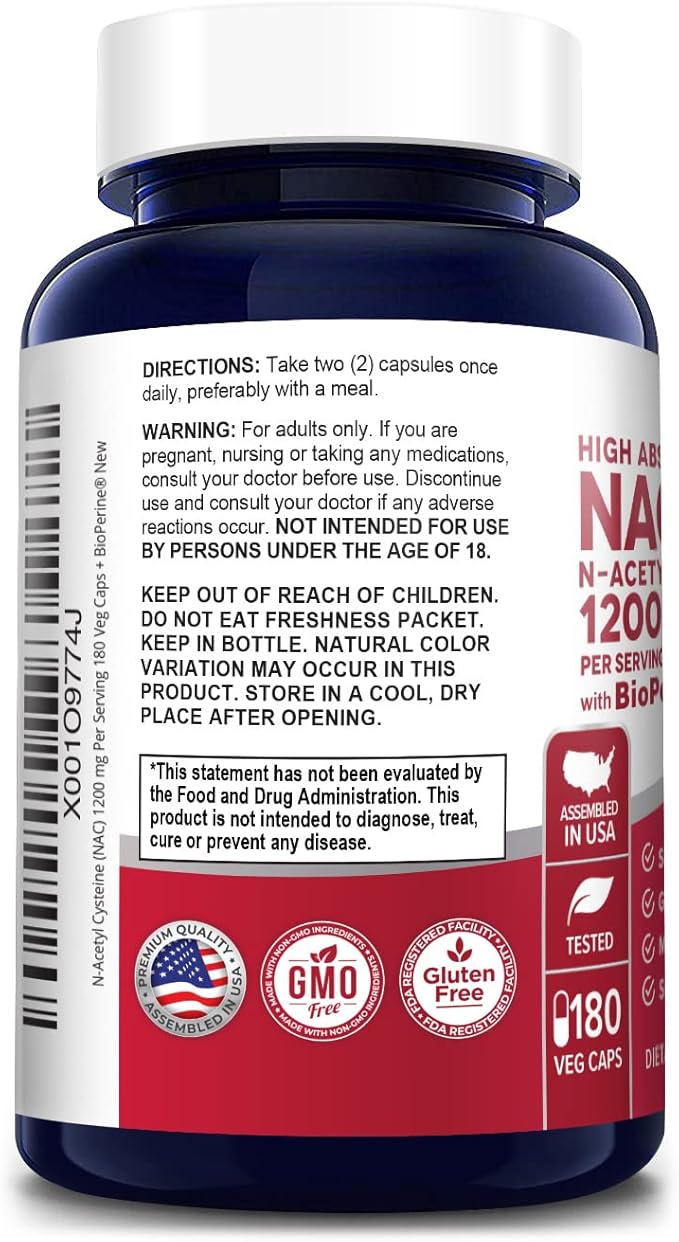 NusaPure N-Acetyl Cysteine (NAC) 1200mg 180 Veggie Caps (Vegetarian, Non-GMO, Gluten Free) Bioperine