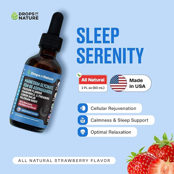Magnesium Glycinate & Ashwagandha Liquid Drops with Valerian Root, Chamomile, Passion Flower, Lemon Balm & L-Theanine - Vegan Fast Absorption - Supplement for Wellness & Relaxation (Mixed Berry, 60mL)