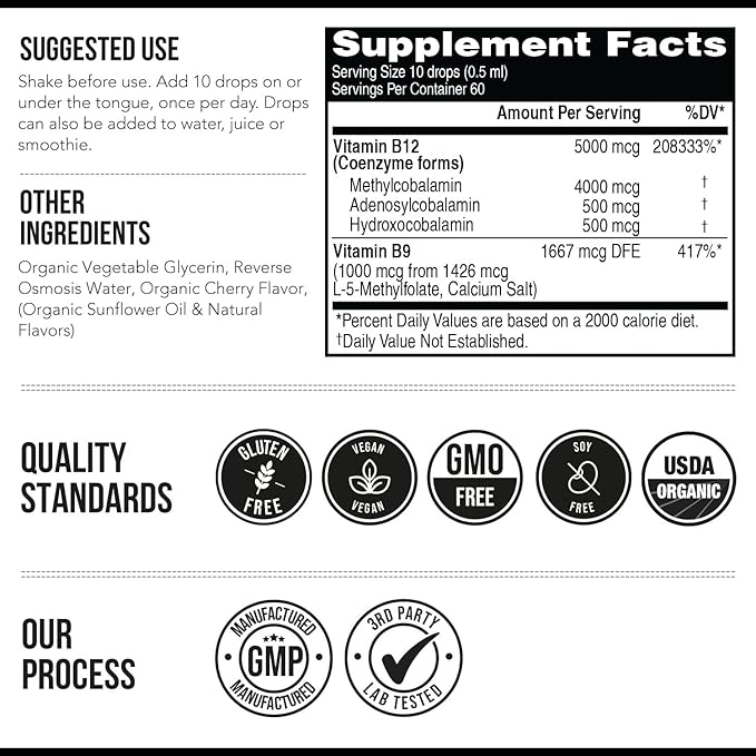 BioActive Vitamin B12 5000 mcg | Contains 3 BioActive B12 Forms Plus Methylfolate Cofactor - Methyl B12, Adenosyl B12 & Hydroxy B12 | Sublingual Form, Cherry Flavor, Organic, Vegan (60 Servings)