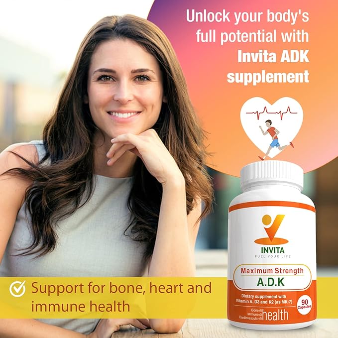 INVITA ADK - Vitamins A1, Vitamin D3 5000 IU & K2 MK7 Supplement - Physician Formulated Bone & Immune System Support - Gluten Free, Non-GMO - 90 Vegetarian Capsules for Men & Women