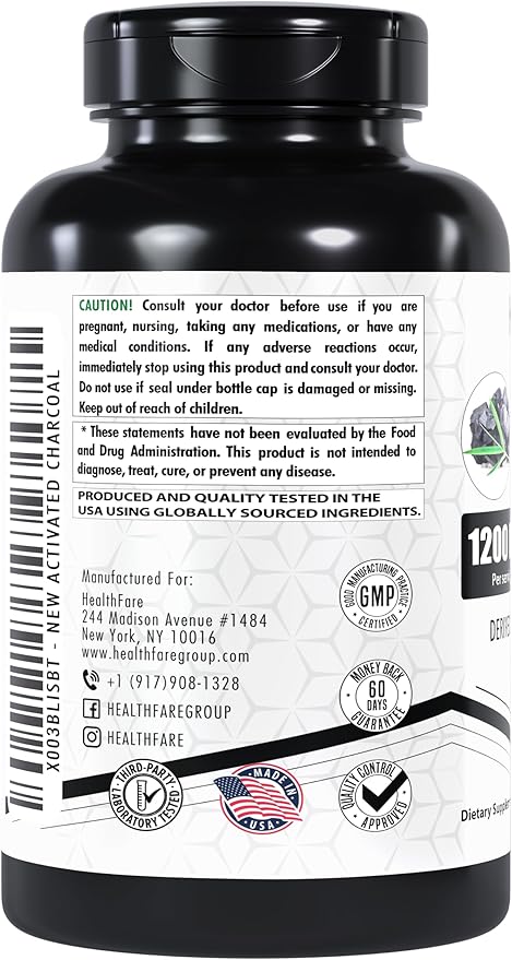 Activated Charcoal Capsules 1200mg | 150 Veg Capsules | Derived from Coconut Shells | Highly Absorbent | Non-GMO | Made in The USA