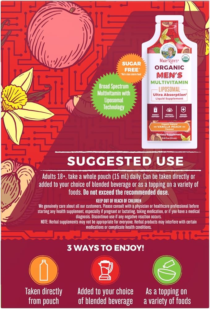 MaryRuth Organics Multivitamin for Men | USDA Organic | Sugar Free Mens Multivitamin Liposomal | Liquid Vitamins for Men | Immune Support Supplement & Overall Wellness | Vegan | 14-0.5 Fl Oz Pouches