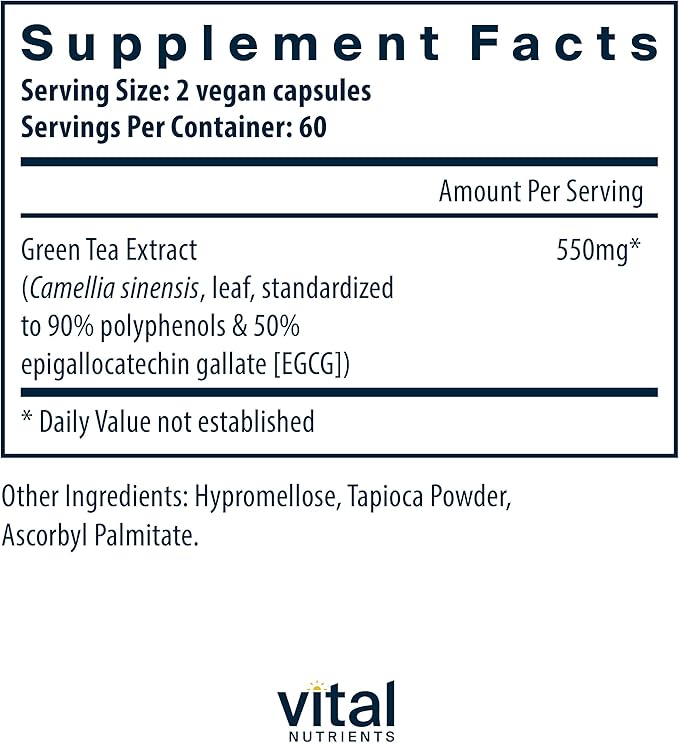 Vital Nutrients Green Tea Extract 550mg | Potent Antioxidant for Heart & Immune Health* | Polyphenols Supplement with EGCG | Gluten, Dairy, Soy Free | Non-GMO | 120 Capsules