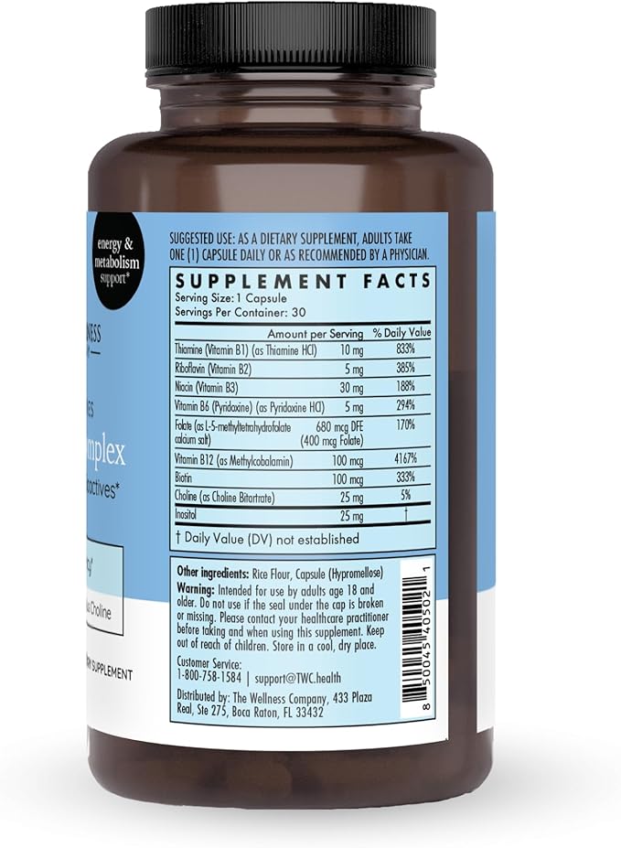The Wellness Company Vitamin B Complex | 30 Capsules (1 Month Supply) | with B1, B2, B3, B5, B6, B7, B9, B12, and Inositol | Non-GMO, Gluten-Free | Supports Energy Production and Metabolic Health