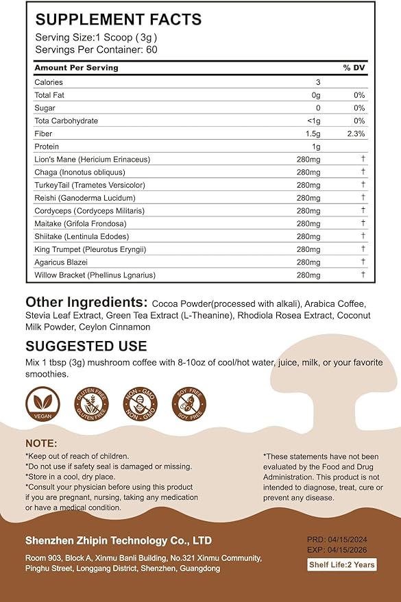 Mushroom Coffee Powder Organic (60 Servings) Instant Coffee Natural Ingredients - Lion's Mane, Cordyceps, Reishi, Chaga Mushrooms Powder Supplement Better Focus and Immunity, Gut Digestion