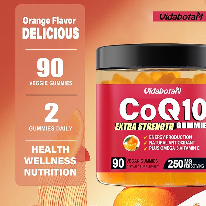 Sugar Free Coq 10 Gummies 250mg with Vitamin E, Omega-3, High Absorption Coenzyme Q10 Supplements for Heart, Energy & Antioxidant Support,Orange Flavor, Vegan, 90 chewable Gummies