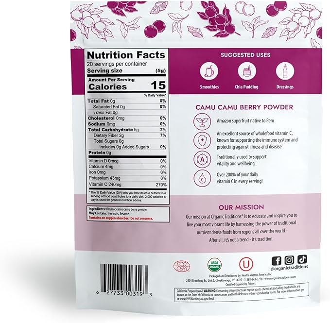 Organic Traditions Camu Camu Berry Powder Organic Superfood Great for Smoothies and More,100g/3.5oz Bag