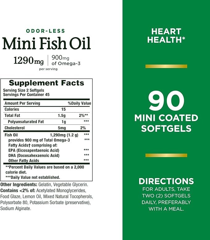 Nature's Bounty Mini Fish Oil Softgels, Burpless Fish Oil Omega 3 Supplements, Supports Heart Health, 90 Softgels (Pack of 1)