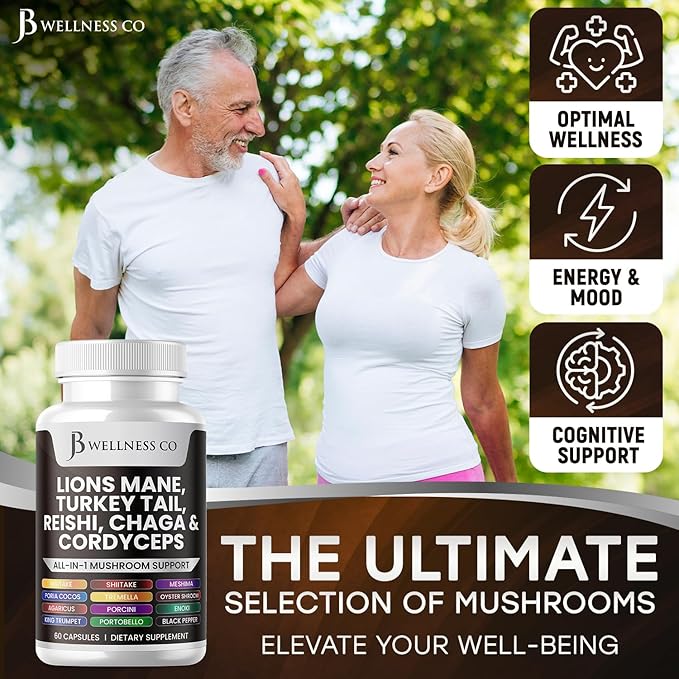 Lions Mane Supplement Cognitive Support, Immune Health with Turkey Tail 20in1 Mushroom Reishi Cordyceps Chaga with Marshmallow Root -180 Count