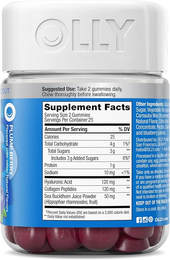 OLLY Glowing Skin Collagen Gummy, Hydrated, Youthful Skin, Hyaluronic Acid, Sea Buckthorn, Chewable Supplement, Berry, 25 Day Supply - 50 Count