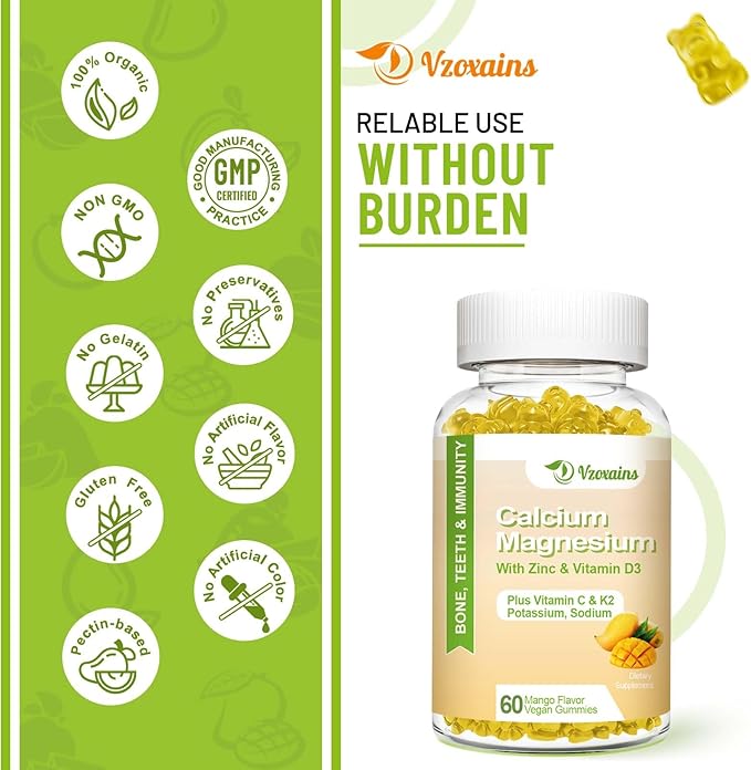 High Absorption Calcium Gummies, Calcium Magnesium Zinc with Magnesium Glycinate, Potassium, Vitamin D3 for Women & Men- Mango Flavor 120 Cts