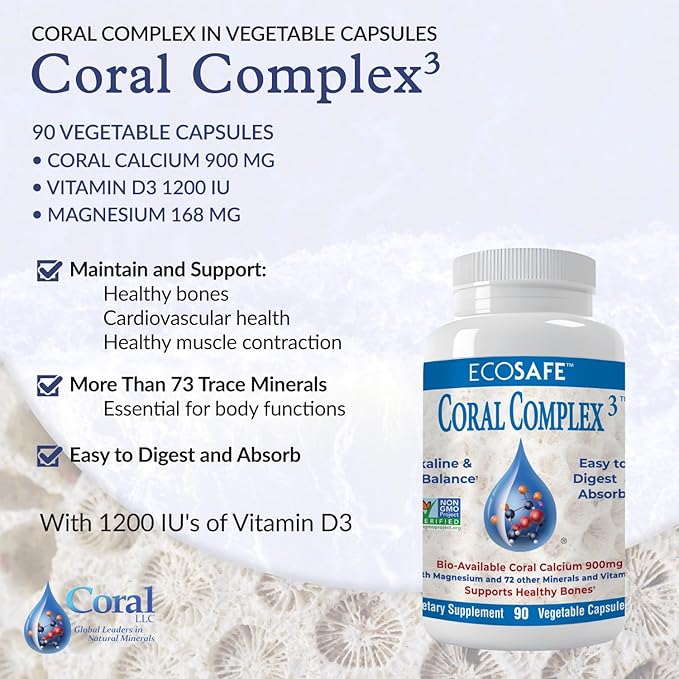 Coral Complex 3 - Coral Calcium 900 mg with Vitamin D3 1200 IU and Magnesium168 mg - 90 Vegetarian Capsules