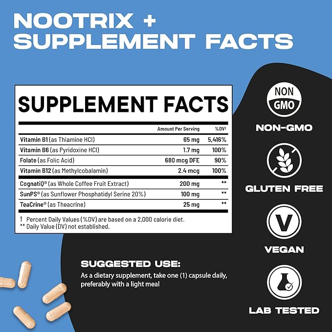 Brain Plus Nootropic Supplement | Supports Memory, Mental Focus, Cognitive Health & Energy | Promotes Healthy Mood & Brain Function | Vitamin B1, Vitamin B6 & Vitamin B12 | 30 Capsules
