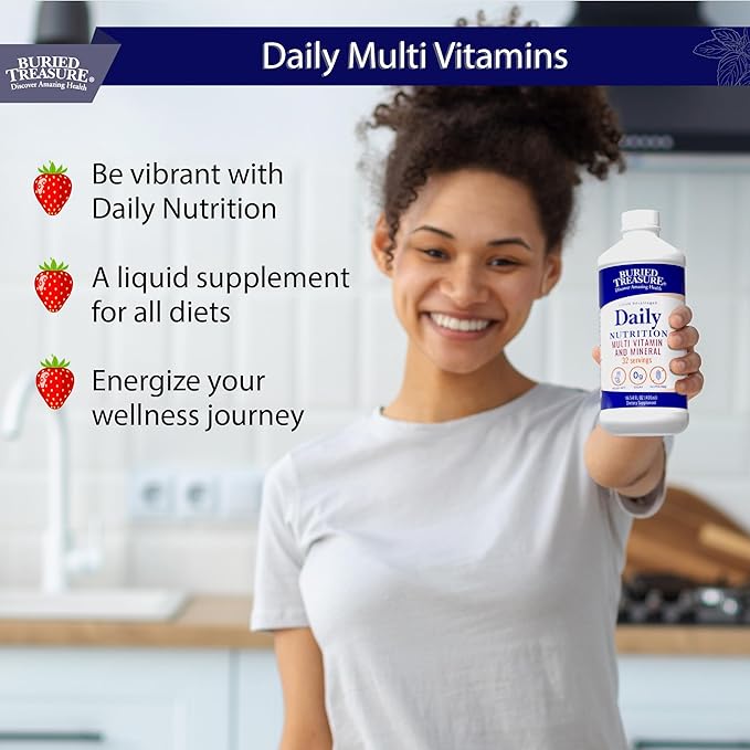 Buried Treasure Daily Nutrition Liquid Multivitamin and Mineral Supplement with Trace Minerals, Superfoods, Vitamin A, B-Complex, C, D, E, Methylfolate, Biotin, Magnesium, Zinc, Resveratrol, 32 serv
