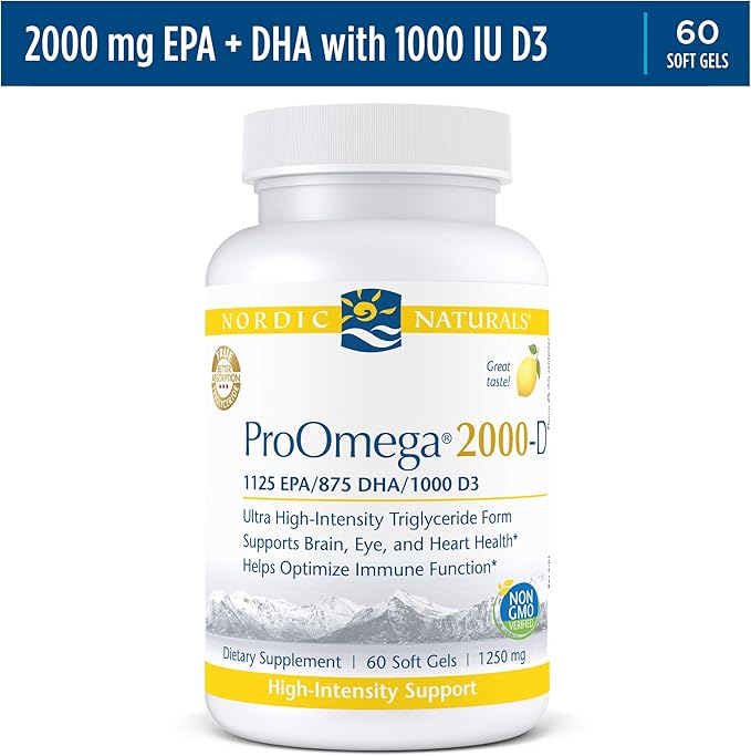 Nordic Naturals ProOmega 2000-D - Fish Oil, 1125 mg EPA, 875 mg DHA, 1000 IU Vitamin D3, Cardiovascular, Neurological, Eye, and Immune Health, Lemon Flavor, 60 Soft Gels