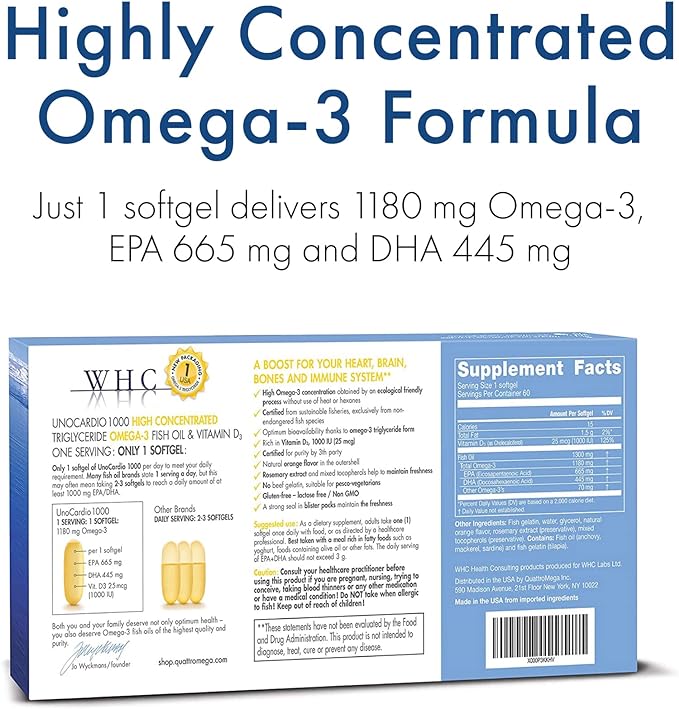 WHC, UnoCardio 1000 Fish Oil, 1300 mg of Pure Triglyceride Fish Oil with Omega-3 (1180 mg), 665 mg EPA and 445 mg DHA and 25 mcg (1000 IU) Vitamin D3 per softgel, Natural Orange, 60 softgels