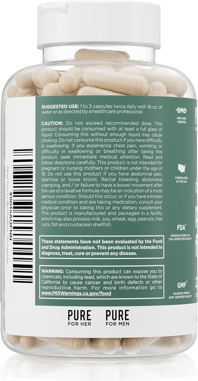 Pure for Men Daily Psyllium Husk Fiber Supplement Pure for Her | Digestive Regularity & Gut Health Support | Soluble Fiber Powder, 2,175mg Per Serving | 250 Capsules