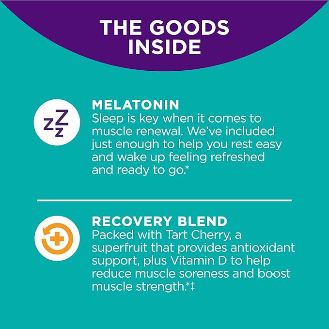 OLLY Muscle Recovery Sleep Gummies, Sleep and Sore Muscle Support, 3mg Melatonin & Extra Strength Daily Energy Gummy, Caffeine Free, 1000mcg Vitamin B12, CoQ10, Goji Berry