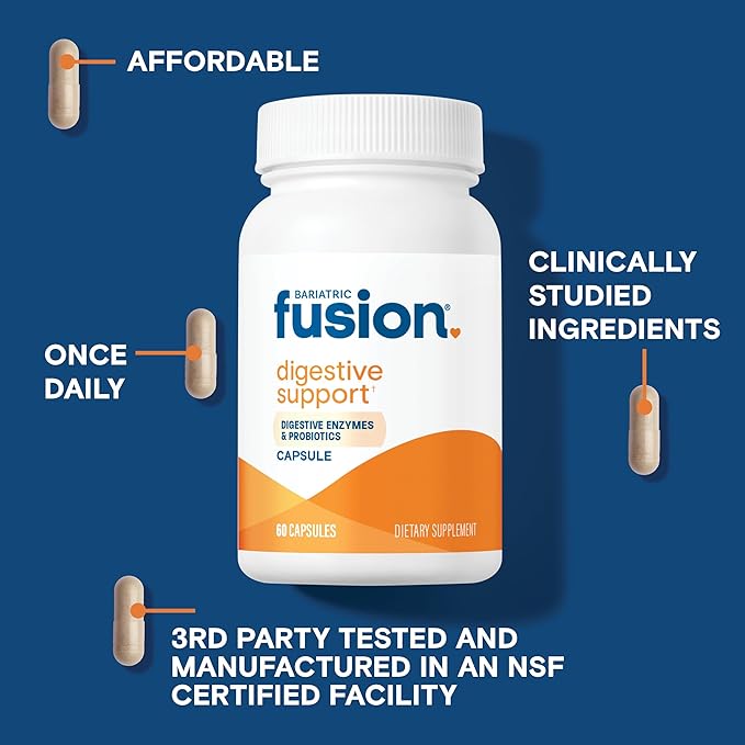 Bariatric Fusion Digestive Support: Digestive Enzymes with Probiotics | Vegan Supplement | Probiotics for Digestive Health and Gut Health Support | Gluten, Dairy & GMO Free | 60 Capsules