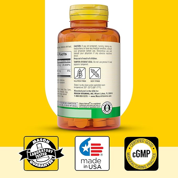 MASON NATURAL Vitamin B12 500 mcg with Calcium, Supports Energy & Nerve Health, 100 Tablets, Pack of 3