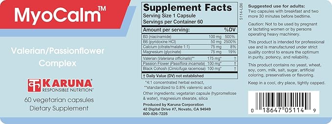 MyoCalm 60 Vegetarian Capsules | Valerian 175mg, Passion Flower 100mg, Black Cohosh 100mg, Calcium 75mg, Magnesium 75mg, b3(niacinamide), b6(Pyridoxine HCI)