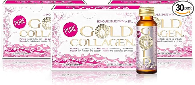 GOLD COLLAGEN Pure - Collagen Supplements for Women & Men with Biotin for Hair Growth, Skin and Nail - Anti Wrinkle Immune System Booster with Hyaluronic Acid, Vitamin C, B6 and Zinc, 3 Pack 10x50 ml