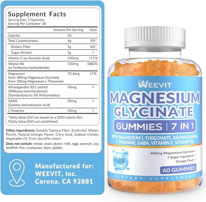 Sugar-Free Magnesium Glycinate Gummies 400mg with Magnesium L-Threonate 200mg, Magnesium Gummies for Women and Men with Ashwagandha, L-Theanine, GABA, Vitamin C, B6