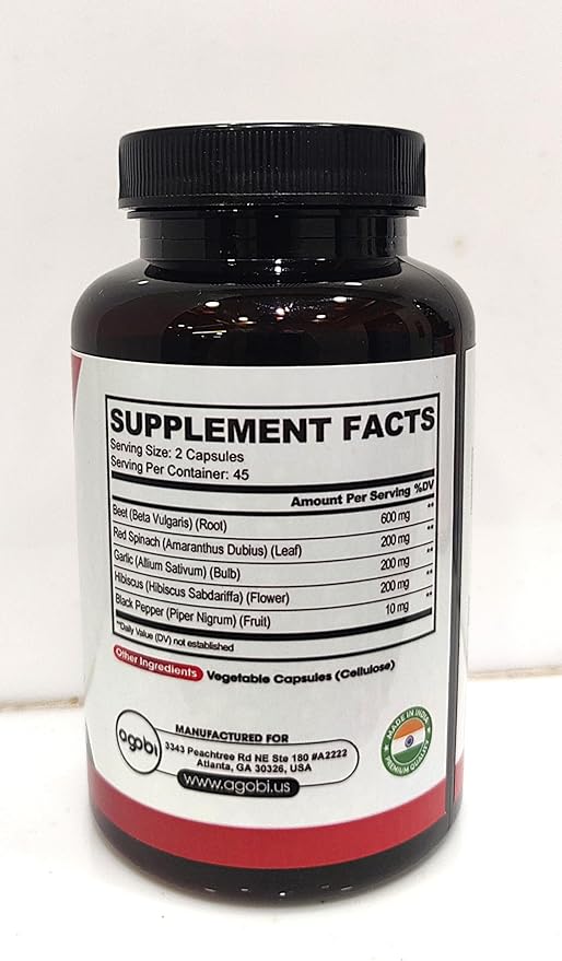 agobi 5in1 Beet Root Capsules - Added with Red Spinach, Organic Garlic Bulb, Hibiscus & Black Pepper - Support for Energy Production, Immune System & Digestive Health - 90 Vegan Capsules