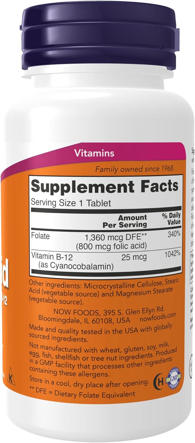 NOW Supplements, Folic Acid 800 mcg + B-12 (Cyanocobalamin) 25 mcg, B Complex Vitamin, 250 Tablets (Pack of 2)