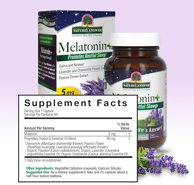Nature's Answer Melatonin 5mg 60-Capsules | Promotes Restful Sleep | Melatonin + Essential Oils Lavender Calms and Relaxes | Single Count