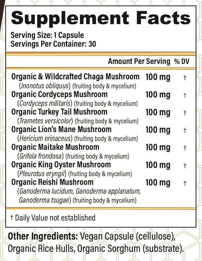 Seven Wonders - Organic Mushroom Supplement - Cordyceps, Reishi, Lion's Mane, Chaga, Turkey Tail, Maitake, King Oyster - 30 Vegan Capsules