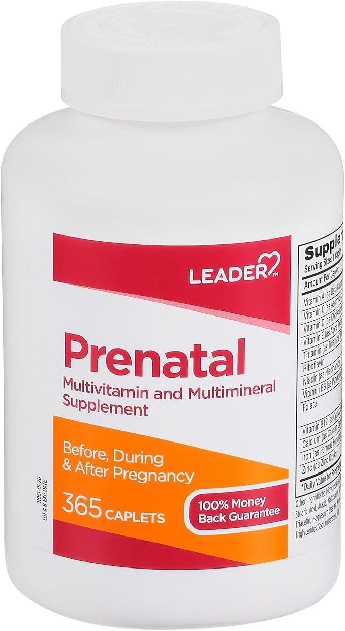 LEADER PreNatal Vitamins, 365 Caplets, Daily Nutritional Support for Expectant Mothers, Essential Nutrients, Folic Acid, Iron, DHA