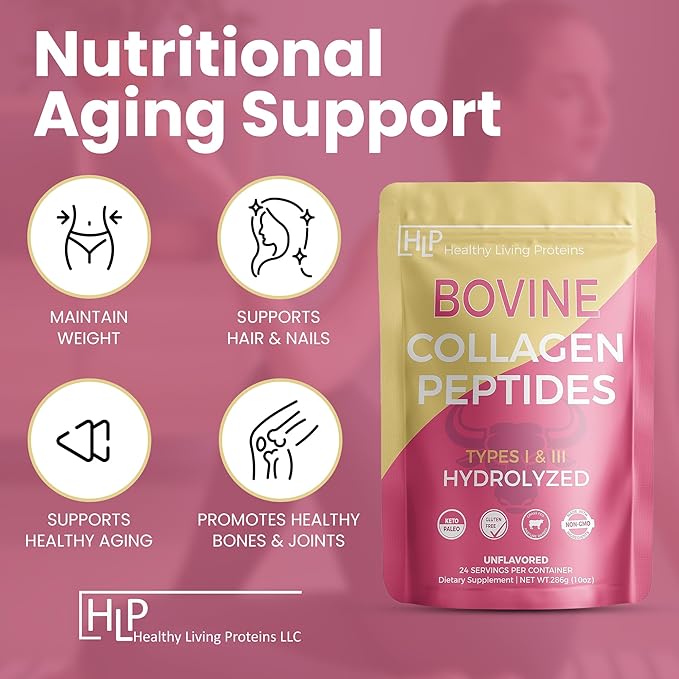 Healthy Living Proteins - Hydrolyzed Bovine Protein Collagen Type I & III - Unflavored Collagen Powder - Grass Fed, Pasture Raised Bovine Peptides - Keto & Paleo, Gluten Free (10 oz (Pack of 1)