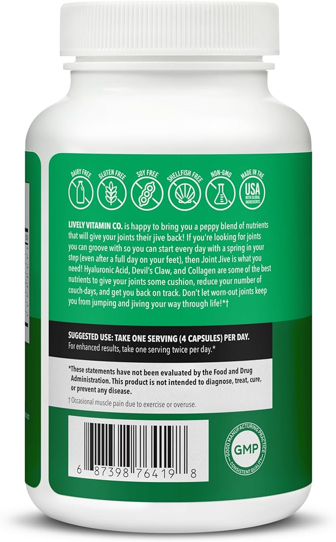 LIVELY VITAMIN CO. Joint Jive - Lubricate Joints (Knee, Ankle, Neck, Shoulder, Back) - Collagen - Glucosamine - MSM - Quercetin - Chondroitin - Devils Claw - Shellfish-Free Formula - 120 Count