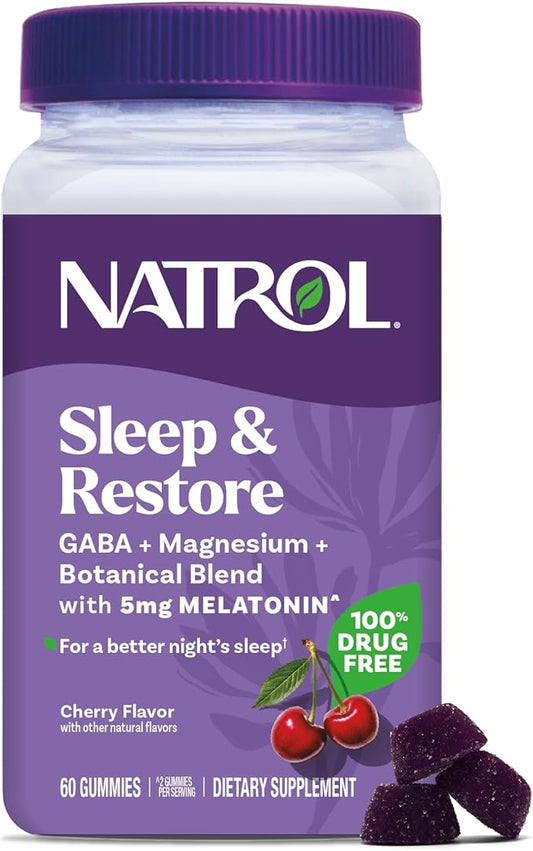 Natrol Sleep + Restore Magnesium Glycinate Gummies with Melatonin 5mg - Calm Magnesium with GABA, Botanical Blend, Cherry Flavor, 60 Gummies