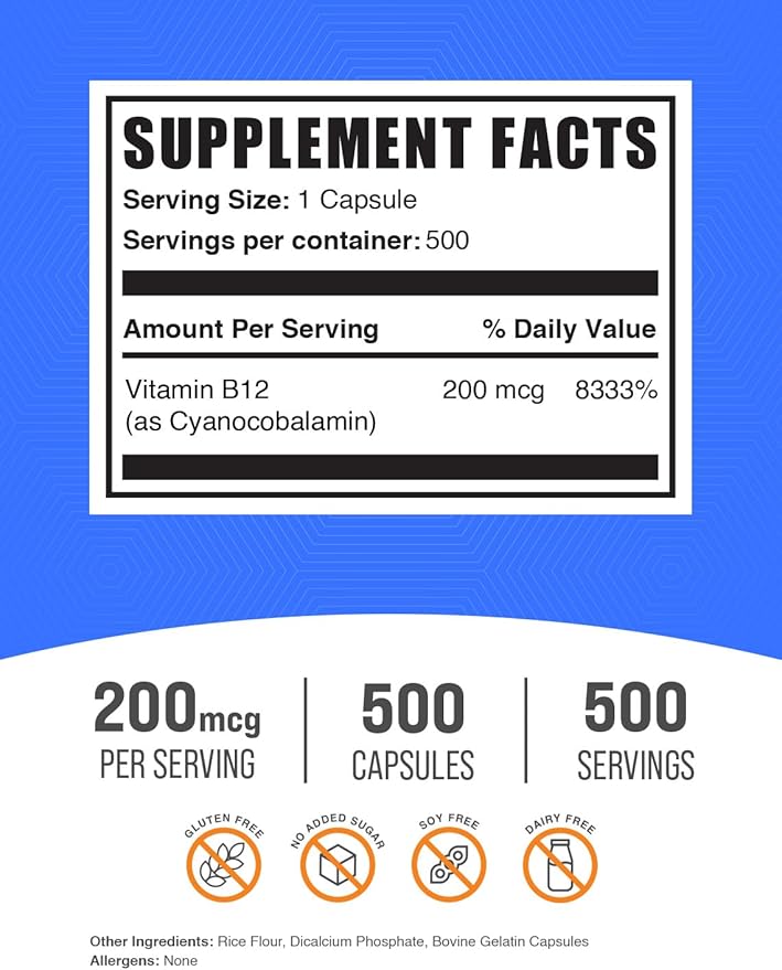 BulkSupplements.com Vitamin B12 Capsules - as Cyanocobalamin, Vitamin B Supplement, Vitamin B12 200 mcg - Energy Vitamins, Gluten Free, 1 Capsule per Serving, 500 Capsules (Pack of 1)
