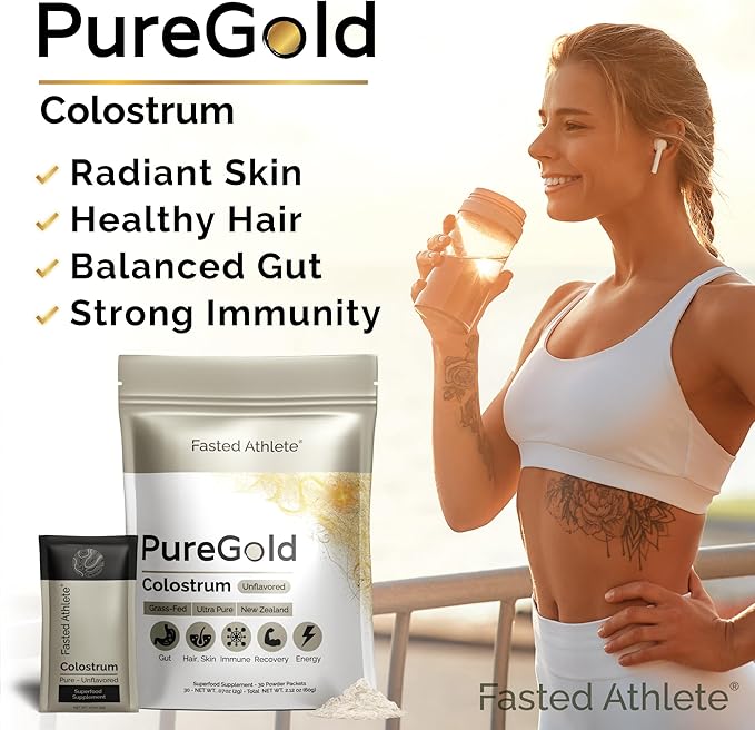 PureGold Colostrum | Premium Grass Fed | Supports Gut Health, Skin & Hair, Muscle Recovery, Bloating, Immunity | Colostrum Supplement Powder | Unflavored, 30 Serving Packets