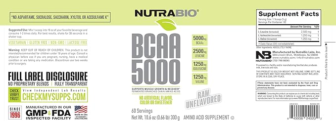NutraBio BCAA 5000 Powder - Fermented Branched Chain Amino Acids for Muscle Growth & Recovery - Natural Flavors, Sweeteners, and Coloring, Vegan, Gluten Free - Unflavored, 60 Servings